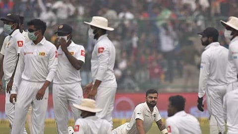 Sri Lankan players wore masks during their Test match against India held in New Delhi in December 2017