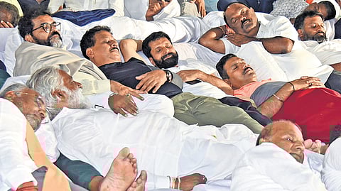 BJP leaders, including BY Vijayendra and CT Ravi, stage a dharna at Freedom Park in Bengaluru on Wednesday