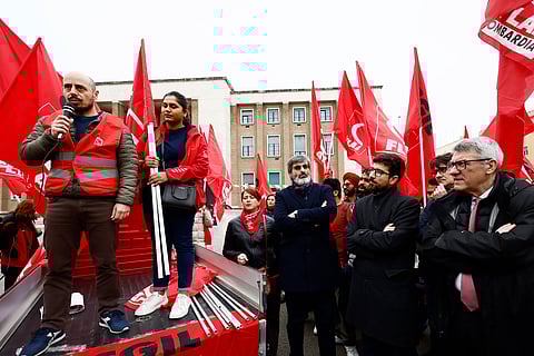 A protest organized by CGIL trade union in front of Latina court, south of Rome, Italy, Tuesday, April 1, 2025.