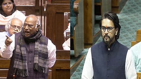 The Leader of Opposition in the Rajya Sabha, Mallikarjun Kharge (L), Anurag Thakur.