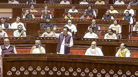 Union Minister of Minority Affairs Kiren Rijiju speaks in the Rajya Sabha during the Budget session of Parliament, in New Delhi, Thursday, April 3, 2025.