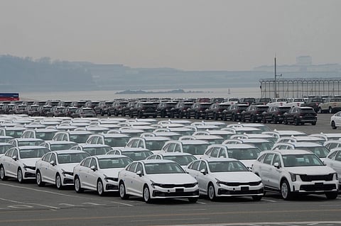 Vehicles for export park at a port in Pyeongtaek, South Korea, Wednesday, April 2, 2025.