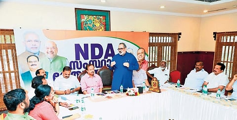 BJP state president Rajeev Chandrasekhar speaking at the NDA state committee meeting at Cherthala in Alappuzha on Thursday