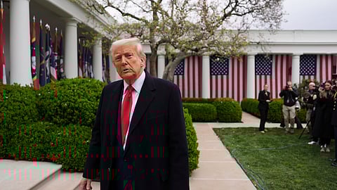 US President Donald Trump departs after signing an executive order at an event to announce new tariffs in the Rose Garden of the White House, Wednesday, April 2, 2025, in Washington.