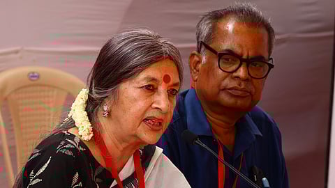 Politburo member Brinda Karat addressing in media during the CPM's 24th Party congress held in Madurai on Thursday