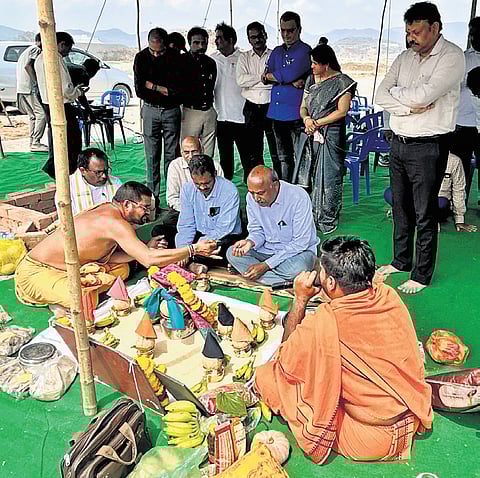 A ceremonial puja for the construction of Gap 1 Rockfill Dam being held at Polavaram project site on Thursday
