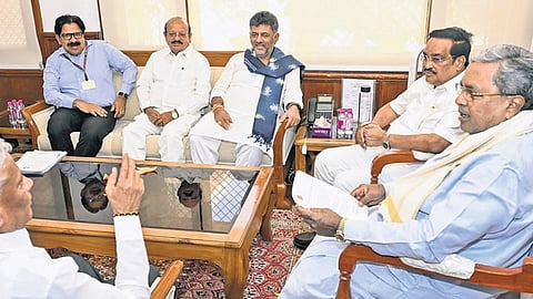 CM Siddaramaiah, DCM DK Shivakumar and Union Minister of State for Jal Shakti V Somanna, call on Union Jal Shakti Minister CR Patil in New Delhi