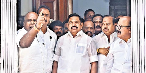AIADMK general secretary Edappadi K Palaniswami along with cadre talking to the media after the walkout.