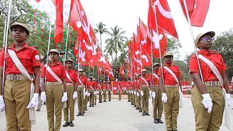 Red Volunteers parade during the CPMs 24th Party congress at Tamukkam ground in Madurai on Wednesday 02.04.2025.