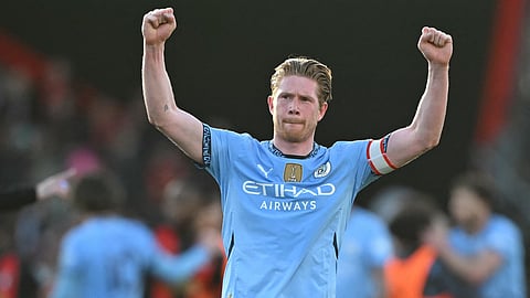 Manchester City's Belgian midfielder #17 Kevin De Bruyne celebrates on the final whistle in the English FA Cup quarter-final football match between Bournemouth and Manchester City at the Vitality Stadium in Bournemouth.