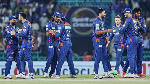 Lucknow Super Giants players celebrates after winning the Indian Premier League cricket match against Mumbai Indians at Bharat Ratna Shri Atal Bihari Vajpayee Ekana Cricket Stadium in Lucknow, India, Friday, April 4, 2025.