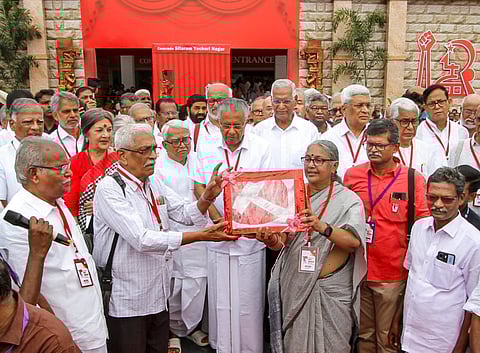 Kerala Chief Minister and CPI-M leader Pinarayi Vijayan, party's interim coordinator Prakash Karat, CPI-M politburo member Biman Bose, CPI General Secretary D. Raja and other leaders during the 24th party congress of CPI-M, in Madurai, Tamil Nadu, Wednesday, April 2, 2025.