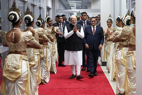Top Lankan ministers, Indian diaspora accord grand welcome to PM Modi in Colombo amid heavy rain