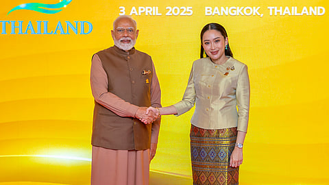 Prime Minister Narendra Modi being welcomed by his Thai counterpart Paetongtarn Shinawatra upon his arrival for the official dinner during the BIMSTEC Summit, in Bangkok, Thailand