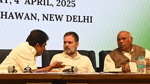Congress President Mallikarjun Kharge with Congress Leader and LOP in Lok Sabha Rahul Gandhi and Congress General Secretary KC Venugopal.