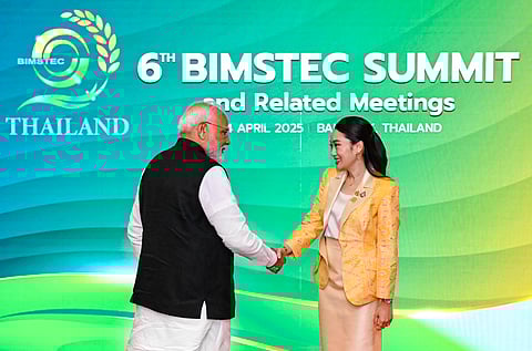 Prime Minister Narendra Modi being welcomed by Thailand Prime Minister Paetongtarn Shinawatra at the 6th BIMSTEC Summit in Bangkok (Photo | PTI)