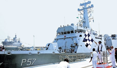 Defence Minister Rajnath Singh flags off the expedition at INS Kadamba Naval Base in Karwar on Saturday