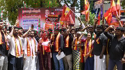 SDPI members participate along with TVK cadre during the protest against the Waqf (Amendment) Bill in Tiruchy on Friday