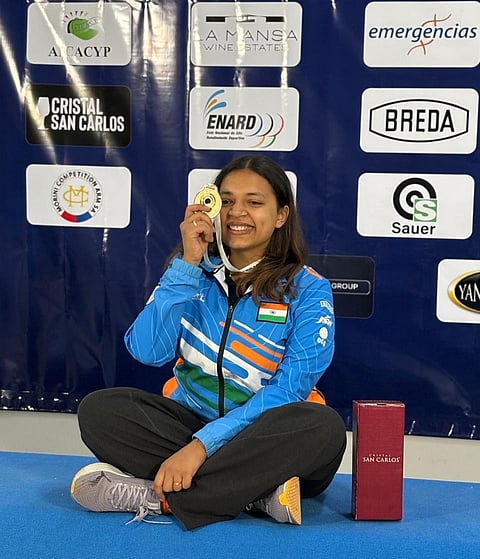 Sift Kaur Samra celebrates her victory on Friday