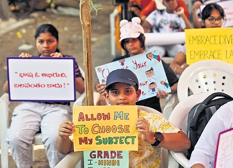 Students protest against government’s directive mandating Telugu as second language