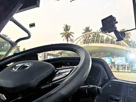 The driver fatigue detection sensor camera installed in a new premium superfast AC bus of the KSRTC.