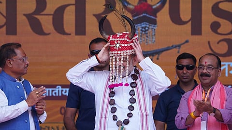 Union Home Minister Amit Shah being felicitated by Chhattisgarh Chief Minister Vishnu Deo Sai and Deputy Chief Minister Arun Sao during the closing ceremony of the state government's cultural event 'Bastar Pandum' in Dantewada.
