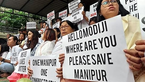 Members of Meitei group protesting against Union government over their inaction to solve the Manipur violence