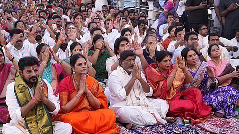 Chief Minister A Revanth Reddy, Deputy Chief Minister Mallu Bhatti and other devotees at Sri Sita Rama Kalyanam in Bhadrachalam