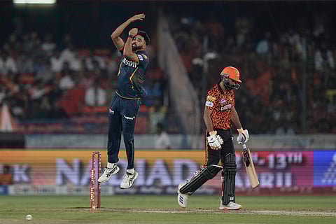 Gujarat Titans' Mohammed Siraj celebrates the wicket of Sunrisers Hyderabad's Simarjeet Singh during the Indian Premier League cricket match between Sunrisers Hyderabad and Gujarat Titans at Rajiv Gandhi International Cricket Stadium in Hyderabad, India, Sunday, April 6, 2025.