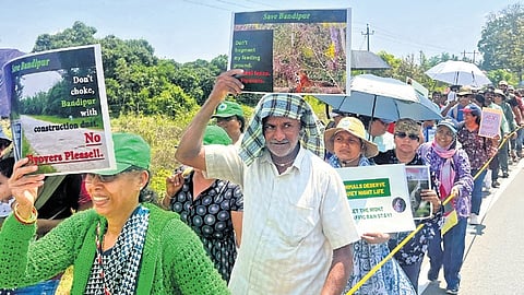 Wildlife activists and nature lovers take out a march on Sunday demanding that the government does not lift the night traffic ban in Bandipur Tiger Reserve.