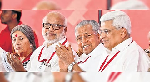 From L to R: Senior CPM leader Brinda Karat, veteran Kerala leader MA Baby, Kerala CM Pinarayi Vijayan and CPM interim coordinator Prakash Karat.