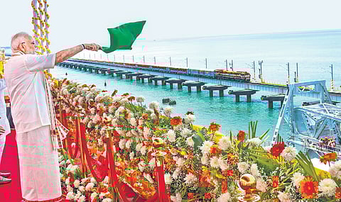 Prime Minister Narendra Modi flagging off a dedicated train service connecting the island to the mainland on Sunday