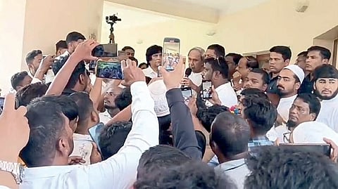 BJD president Naveen Patnaik speaks to party MP Muzibulla Khan and members of Muslim community as they called on him to protest split voting on Waqf Bill.