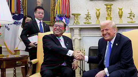 U.S. President Donald Trump shakes hands with Japan's Prime Minister Shigeru Ishiba at the White House