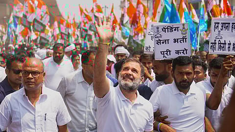 Congress leader Rahul Gandhi participating in the Palayan Roko, Naukri Do padayatra at Bihar's Begusarai district.