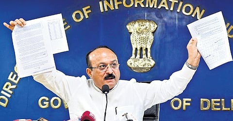 Minister Ashish Sood addresses the press in Delhi Secretariat on Monday