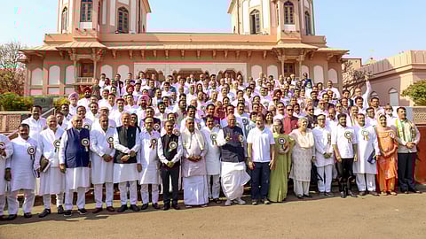 Congress President Mallikarjun Kharge, Congress Parliamentary Party chairperson Sonia Gandhi, LoP in Lok Sabha Rahul Gandhi and others pose for a group photograph after the extended Congress Working Committee (CWC) meeting, at Sardar Vallabhbhai Patel Memorial, in Ahmedabad.
