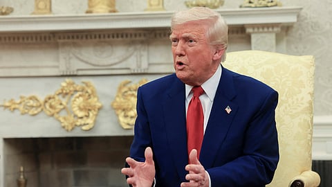 US President Donald Trump speaks during a meeting with Israel's Prime Minister Benjamin Netanyahu in the Oval Office at the White House in Washington, Monday, April 7, 2025.