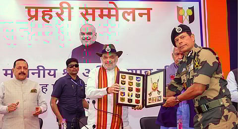 Union Home Minister Amit Shah during an interaction with BSF soldiers in Jammu and Kashmir. Shah also inaugurated various border security related works.