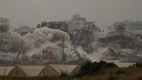 Smoke rises to the sky following an Israeli bombardment in the Gaza Strip as seen from southern Israel, Monday, April 7, 2025.