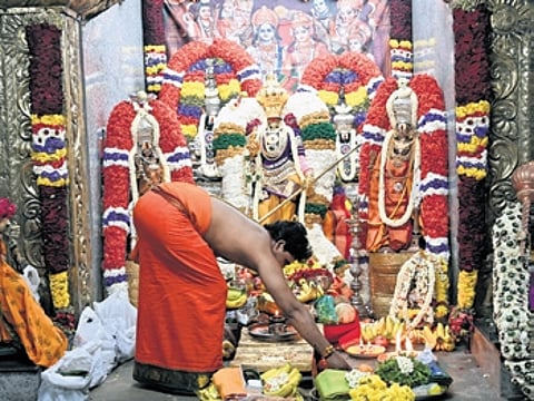 Karaga preparations under way at Sree Dharmaraya Swamy Temple in Bengaluru on Tuesday