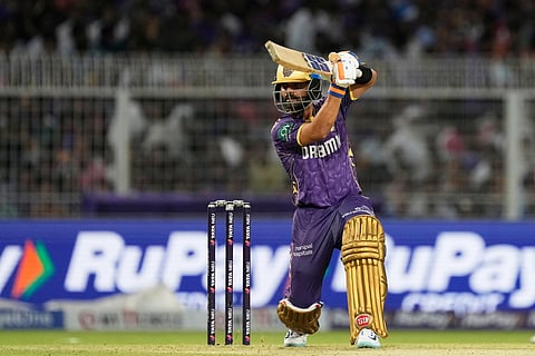 Kolkata Knight Riders' captain Ajinkya Rahane plays a shot during the Indian Premier League cricket match between Kolkata Knight Riders and Lucknow Super Giants at Eden Gardens in Kolkata, India, Tuesday, April 8, 2025.