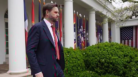 US Vice President JD Vance arrives before President Donald Trump speaks during an event to announce new tariffs in the Rose Garden of the White House, Wednesday, April 2, 2025, in Washington.