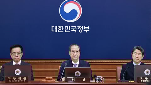 South Korean acting President Han Duck-soo, center, speaks during a Cabinet meeting at the government complex in Seoul, South Korea, Tuesday, April 8, 2025.