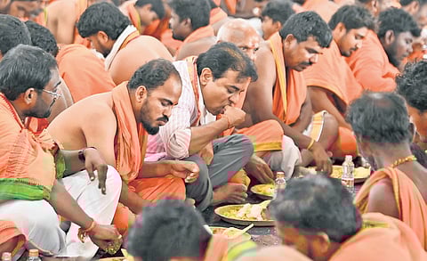 BRS working president KT Rama Rao, along with Hanuman devotees, has Anna Prasadam at Telangana Bhavan in Sircilla on Wednesday
