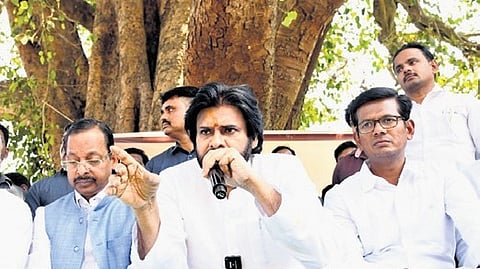 Deputy CM Pawan Kalyan takes part in the Rachabanda programme at Kuridi in ASR district on Tuesday.