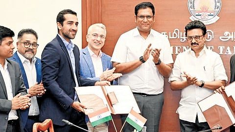 Chief Minister MK Stalin and Industries Minister TRB Rajaa with Dixon Technologies officials during the MoU signing event.