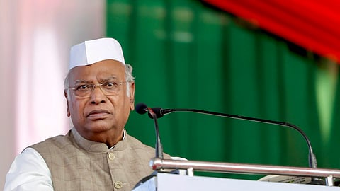 In this image provided by AICC on Wednesday, April 9, 2025, Congress President Mallikarjun Kharge addresses the AICC session on the banks of the Sabarmati River, in Ahmedabad.