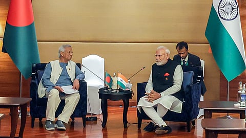 In this photo from April 4, 2025, Prime Minister Narendra Modi holds a meeting with Bangladesh Chief Adviser Muhammad Yunus on the sidelines of the BIMSTEC Summit, in Bangkok.