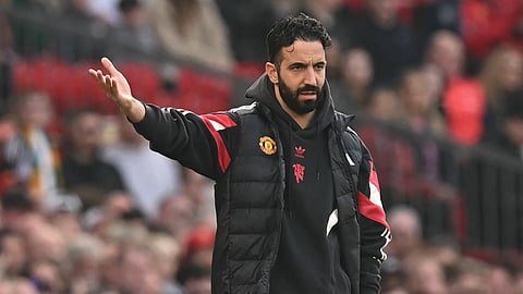 Manchester United's head coach Ruben Amorim gestures on the touchline during an English Premier League football match between Manchester United and Arsenal at Old Trafford in Manchester, north west England, on March 9, 2025.